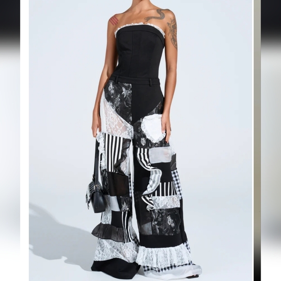 AKIRA Pants - AKIRA Black and White Patchwork Jumpsuit